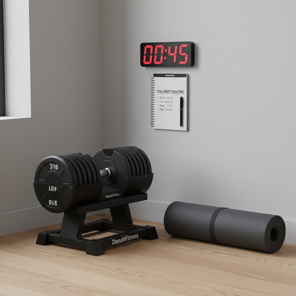 A detailed photographic scene of a structured home workout corner designed by DonahFitness: a high-quality, matte black adjustable dumbbell set sits on a compact, sturdy stand beside a neatly rolled, charcoal-gray exercise mat. A wall-mounted timer with large red LED digits counts down intervals, and a small, open training notebook shows a clearly printed full-body routine. The space is framed by a smooth, light gray wall and light oak flooring, bathed in soft, even natural light from an unseen window. Captured from a slightly elevated, three-quarter angle with moderate depth of field, the atmosphere is focused, efficient, and professional, highlighting how personal training can be delivered effectively in a minimalist home environment.