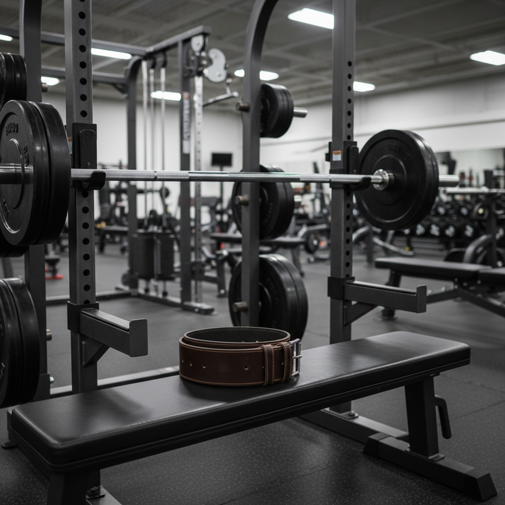 A close-up, photographic view of a meticulously arranged natural bodybuilding workstation: a polished stainless steel barbell loaded with evenly aligned black rubber-coated plates resting on a squat rack. The knurling on the bar is sharply defined, and a premium leather lifting belt lies folded neatly on a nearby flat bench. The background fades into tasteful blur, suggesting additional equipment without clutter. Bright but soft overhead gym lighting creates crisp reflections on the metal and gentle shadows under the bench, conveying a serious yet controlled atmosphere. Shot from a slightly low angle with shallow depth of field, the composition emphasizes precision, strength, and a professional, no-nonsense approach to bodybuilding.