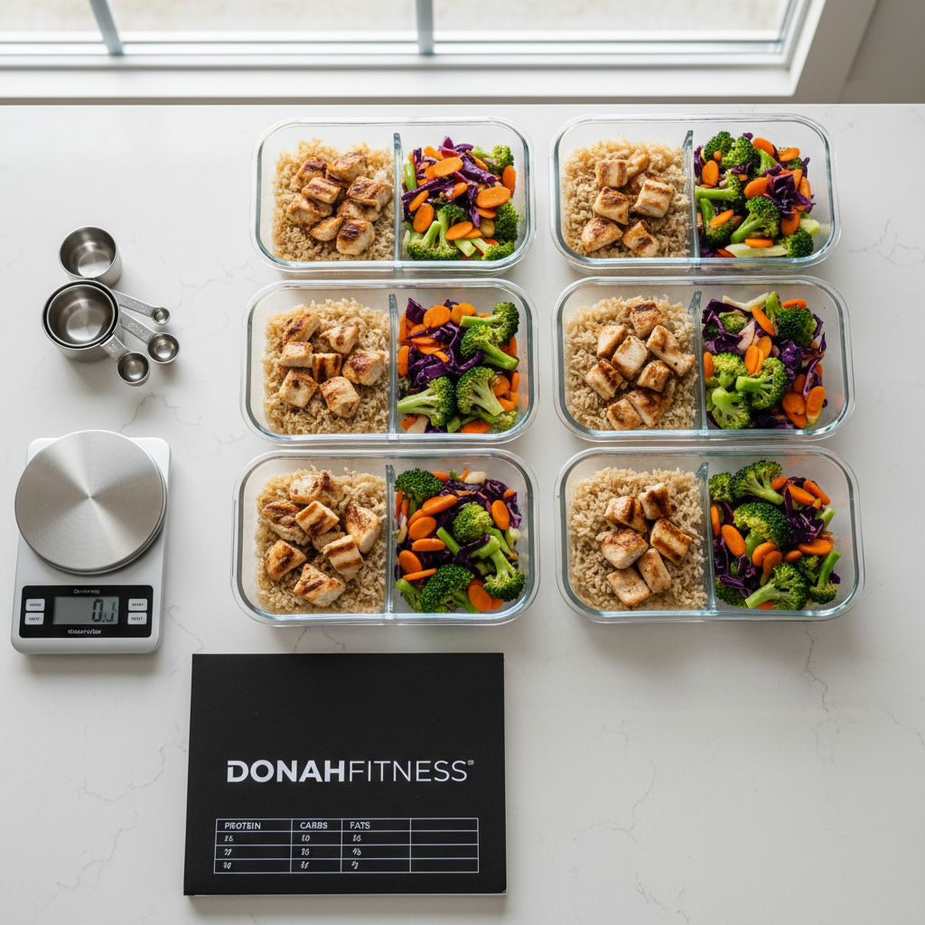 An immaculate meal-preparation counter that supports natural bodybuilding, with carefully arranged glass meal containers filled with balanced portions of grilled chicken, brown rice, and vibrant steamed vegetables. A digital kitchen scale, stainless steel measuring spoons, and a labeled nutrition notebook with neatly written macros sit alongside. The countertop is smooth white quartz, subtly reflecting the colors of the food. Soft morning light from a nearby window creates gentle highlights and clean shadows, enhancing the sense of precision and care. Shot from a top-down bird’s-eye perspective with sharp focus throughout, the composition is clean, modern, and professional, reinforcing disciplined nutrition as a core part of the DonahFitness philosophy.