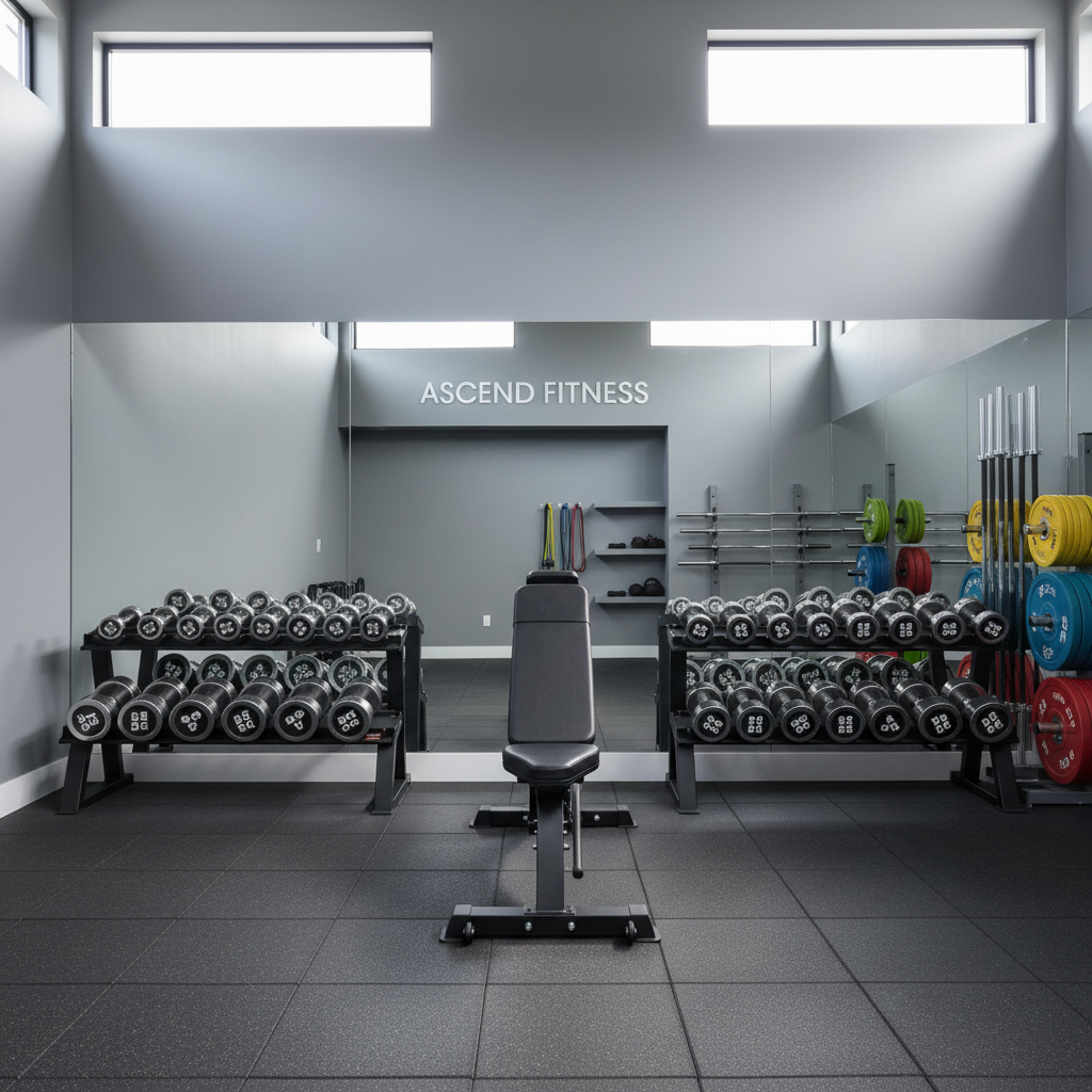 A meticulously organized personal training studio centered around a matte black adjustable weight bench, flanked by neatly racked chrome dumbbells with visible pound markings. The floor is covered in clean, dark rubber tiles with faint texture, and a large wall mirror reflects an array of premium barbells and color-coded bumper plates. Soft, diffused daylight enters from high windows, creating gentle highlights on the metal and subtle shadows along the floor. Photographed at eye level in photographic realism, with a wide-angle lens that captures the full breadth of the facility. The mood is professional, disciplined, and inviting, emphasizing a clean, modern, high-performance environment suitable for focused personal training and natural bodybuilding.