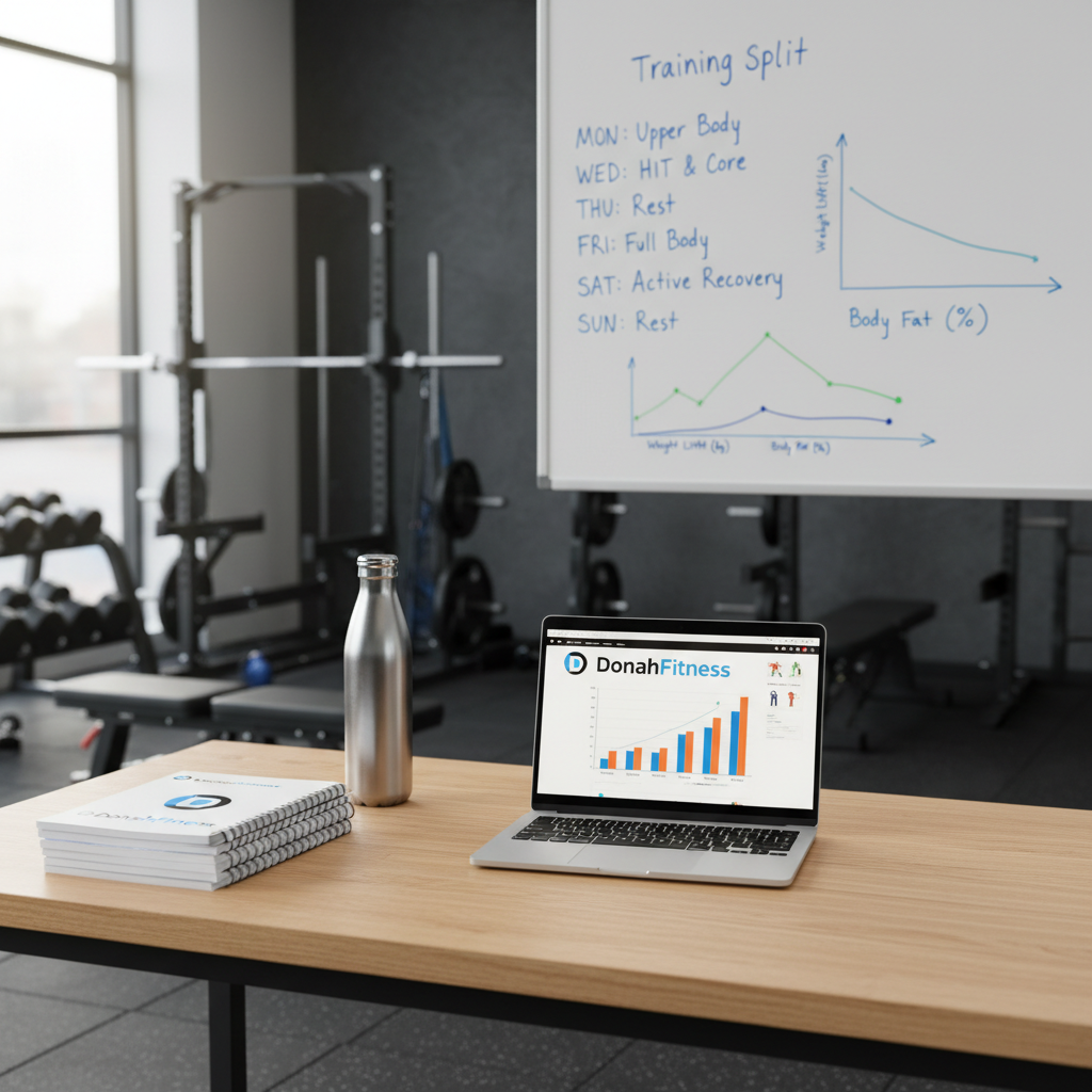A tidy personal training consultation area within a fitness studio, featuring a sleek, light oak desk with a minimalist laptop displaying workout charts, a stainless steel water bottle, and a neat stack of branded training plans labeled “DonahFitness.” Behind the desk, a clean whiteboard shows a clearly written weekly training split and tracked progress graphs in blue and green marker. Natural window light streams in from the side, illuminating the desk while the gym floor and equipment remain softly blurred in the background. Captured at a slightly elevated angle in photographic realism, the scene feels organized, professional, and goal-oriented, emphasizing structured coaching and measurable progress.