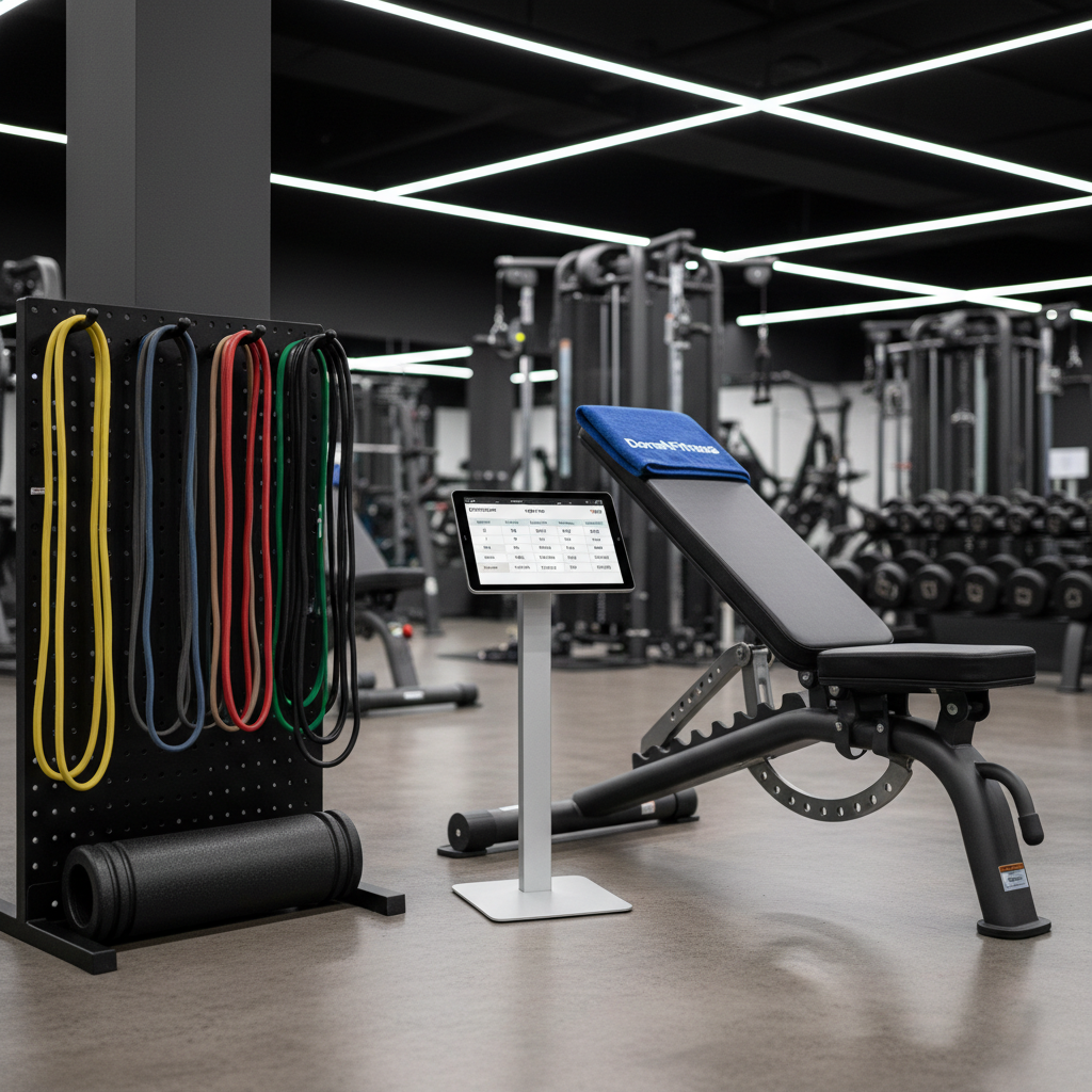 A specialized natural bodybuilding corner in a professional gym, featuring a precisely aligned set of resistance bands hanging on a black metal rack, a foam roller, and a neatly folded DonahFitness-branded towel placed over the end of a pristine incline bench. Next to the bench, a tablet on a stand displays a detailed hypertrophy training plan with clear sets, reps, and rest times. Overhead LED lighting casts crisp, even illumination, creating defined but not harsh shadows that emphasize the equipment’s clean lines. Photographed at eye level in photographic realism with a subtle background blur revealing additional machines, the mood is methodical, science-based, and explicitly tailored for serious natural muscle building.